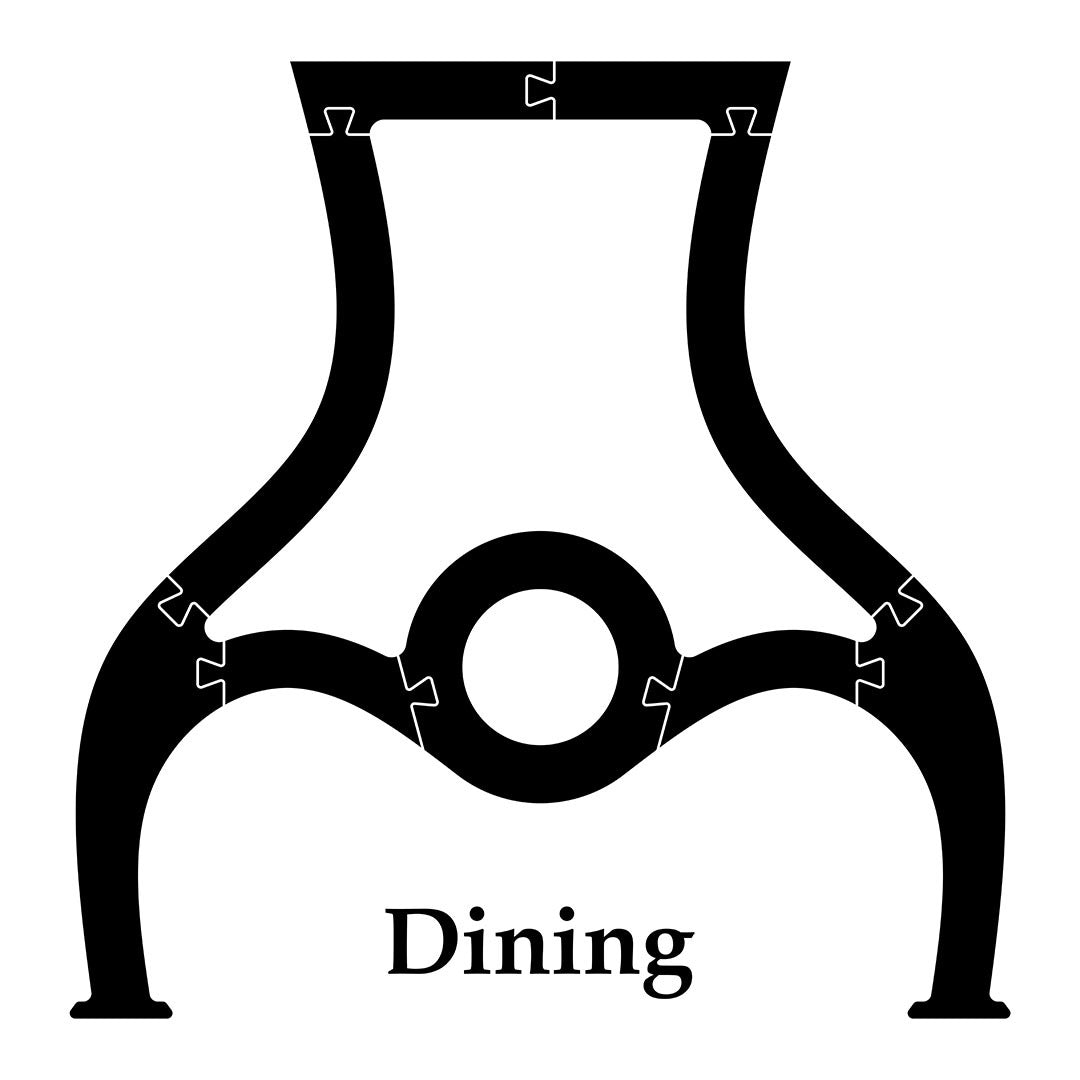 example black and white drawing of a clear acrylic leg template that is meant for a dining table. Like a puzzle piece this large templates fits together and can easily be stored in your shop