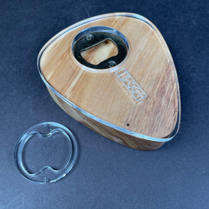 large guitar pic themed bottle opener on a piece of sappy olive wood. Great for any music lover